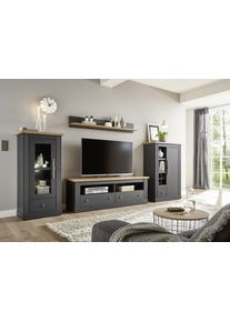 Wohnwand OTTO HOME "Westminster, Anbauwand im Landhausstil, Komplettset, Wohnzimmer-Set", grau (dunkelgrau, wotan eiche), B:331cm, Kastenm&ouml;bel-Sets, Wohnwand, Set besteht aus 1 Vitrine, 1 Lowboard, 1 Kommode und 1 Wandregal