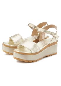 Sandalette Lascana "Riemchensandalette, Sandale, Sommerschuh, offener Schuh", Damen, Gr. 37, gold (goldfarben), Obermaterial: 100% Schafsleder. Decksohle: 100% Lederimitat. Futter: 100% Synthetik. Laufsohle: 100% Synthetik, metallic, unifarben, Basic, Schuhe Sandalette, NEU aus Leder mit Keilabsatz