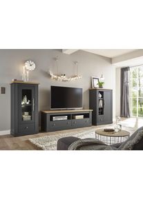 Wohnwand OTTO HOME "Westminster, Anbauwand im Landhausstil, Komplettset, Wohnzimmer-Set", grau (dunkelgrau, wotan eiche), B:331cm, Kastenm&ouml;bel-Sets, Wohnwand, Set besteht aus 1 Vitrine, 1 Lowboard und 1 Kommode