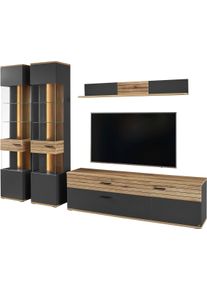 Wohnwand "Quincy", anthrazit, B:300cm H:207,4cm T:40cm, SET ONE BY Musterring, Kastenm&ouml;bel-Sets, Wohnwand, 2 Vitrinen mit LED und Lowboard, in 2 Farben, ca. 300 cm breit