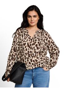 Langarmbluse Tom Tailor PLUS, Damen, Gr. 54, braun beige leo print, Web, Obermaterial: 100% Viskose, bedruckt, normal h&uuml;ftbedeckend, V-Ausschnitt, B&uuml;ndchen, Blusen Langarmbluse, Sommer Tunika im Leo-Look / Gro&szlig;e Gr&ouml;&szlig;en