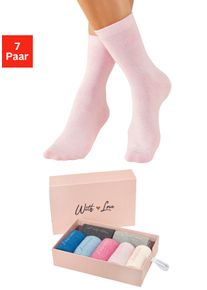 Basicsocken Lascana "f&uuml;r Damen mit eingestricktem Markenlogo", Damen, Gr. 35-38, bunt (1x jeans, meliert, 1x hellblau, meliert, 1x anthrazit, meliert, 1x grau, meliert, 1x altrosa, meliert, 1x rosa, meliert, 1x ecru), Baumwollmischung, uni und meliert, elastisch, Socken Basicsocken, in ansprechender Geschenkbox