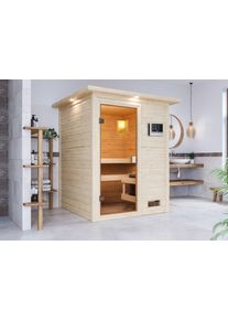 Sauna Karibu "Sandy" mit bronzierter T&uuml;r und Kranz, Ofen 9 kW, naturbelassen", beige (naturbelassen), Saunaofen, externe Steuerung, 400 kW, Saunen, Sauna, aus hochwertiger nordischer Fichte und 9 kW Ofen mit integr. Steuerung