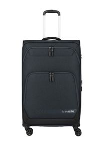 Trolley Travelite "KICK OFF Reisekoffer", Damen, Gr. B/H/T: 47cm x 78cm x 31cm 110 l, schwarz (grau), Polyester, Koffer Trolley, 4 Doppelrollen, Au&szlig;entaschen und Packgurte &ndash; leicht und robust