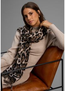 Modeschal Laura Scott, Damen, schwarz (beige, braun, schwarz), Web, Kunstfaser, gemustert, Modet&uuml;cher Modeschal, im trendigen Leopard-Design mit Fransen