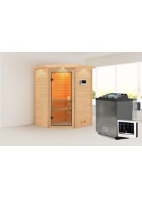 1100000002199 Karibu "Anni" mit bronzierter T&uuml;r und Kranz SET, naturbelassen, mit Ofen 9 kW", braun (naturbelassen), Bio-Kombiofen, externe Steuerung, 400 kW, Saunen, 1100000002199, aus hochwertiger nordischer Fichte