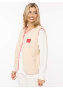 Pl&uuml;schweste Zwillingsherz "Patch", Damen, Gr. XL, beige (hellbeige), Obermaterial: 100% Polyester, Westen Pl&uuml;schweste, &auml;rmellos, pink eingefasste Kanten, Druckkn&ouml;pfe, Patch