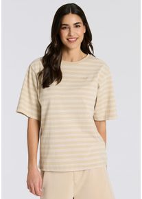 T-Shirt BOSS Orange "Eregular Stripe Premium Damenmode", Damen, Gr. M, beige (open miscellaneous 967), Single Jersey, Obermaterial: 100% Baumwolle, gestreift, relaxed fit normal, Rundhals, Ziersteppung, Shirts T-Shirt, Relaxed Fit, reine Baumwolle