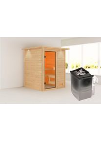 Sauna Karibu "Sandy" mit bronzierter T&uuml;r und Kranz, Ofen 9 kW, naturbelassen", braun (naturbelassen), Saunaofen, integrierte Steuerung, 400 kW, Saunen, Sauna, aus hochwertiger nordischer Fichte und 9 kW Ofen mit integr. Steuerung