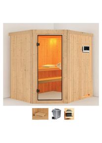 Sauna Karibu "Siirin", beige (naturbelassen), Bio-Kombiofen, externe Steuerung, 9 kW, Saunen, Sauna, Ofen 9 kW Bio externe Strg easy