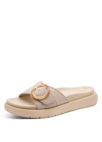 Pantolette Marco Tozzi, Damen, Gr. 42, beige (sand), Textil, Veloursleder, unifarben, Schuhe Pantolette, Keilabsatz, Schlupfschuh mit seitlichem Stretcheinsatz