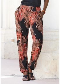 Strandhose Lascana "aus leichter, flie&szlig;ender Viskose und Palmenprint", Damen, Gr. 42, N-Gr, braun (braun, orange), Jersey, Obermaterial: 100% Viskose, bedruckt, figurumspielend lang, Hosen Strandhose, mit Palmenbl&auml;tterdruck, leichte Jerseyhose, Sommerhose, Schlupfhose