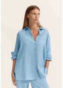 Langarmbluse Bugatti, Damen, Gr. 42, blau (340, blaugrau), Chiffon, 100% Leinen, unifarben, normal, ohne Ausschnitt, Blusen Langarmbluse, Modern Fit aus 100% Leinen