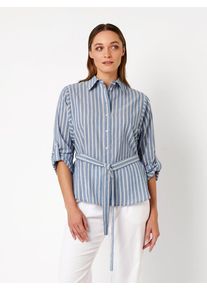 Hemdbluse Toni "Caja", Damen, Gr. 48, bunt (blau, sanftes wei&szlig; 054), Web, Obermaterial: 100% Baumwolle CO., gestreift, comfort fit normal, hoch geschlossener Ausschnitt, Manschette, Blusen Hemdbluse, mit Streifen und Tailleng&uuml;rtel