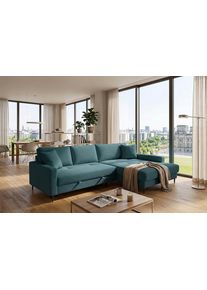 Ecksofa TRENDS BY HG "Summer L-Form, B: 284 cm, Schlaffunktion, 2 Zierkissen", blau (b806 zoom 14 lagoon), B:284cm H:80cm T:178cm, 92% Polyester;8% Nylon, Sofas, Ecksofa, optional mit Kopfst&uuml;tzen, Wellenfederung, frei stellbar