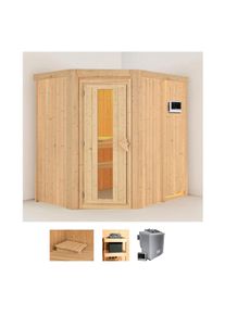Sauna Karibu "Clara", beige (naturbelassen), Bio-Kombiofen, externe Steuerung, 9 kW, Saunen, Sauna, Ofen 9 kW Bio externe Strg easy