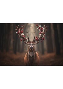Bild B&Ouml;NNINGHOFF "Wandbild HIRSCH MIT BLUMEN 60x90 cm &ndash; Leinwandbild Keilrahmen Deko", braun (farbe bild(er): wei&szlig;, braun, gelb, rot, schwarz), B:90cm H:60cm T:1,8cm, Canvas, MDF, Bilder, Bild, auf Keilrahmen gespannt