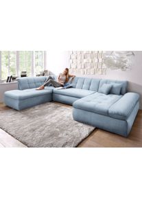 Wohnlandschaft DOMO collection "MORIC Massiv - Belastbar bis 140 kgxSitz, 353x216x80 cm, XXL", blau (pastelblau), B:353cm H:80cm T:216cm, Chenille (85% Polyester, 15% Acryl), Sofas, Wohnlandschaft, U-Form, inkl. Zierkissen