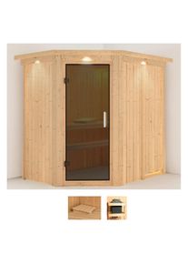 Sauna Karibu "Clara", beige (naturbelassen), ohne Ofen, (ohne Ofen), Saunen, Sauna, ohne Ofen