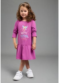 Jerseykleid Kidsworld "mit Spruch: HAPPY GLITZER TAG", M&auml;dchen, Gr. 128/134, N-Gr, Langarm, Jersey, pink (bordeaux), Jersey, Obermaterial: 95% Baumwolle, 5% Elasthan, bedruckt, ausgestellt kniefrei, Rundhals, abgesteppte Kante, Kleider Jerseykleid, Shirtkleid mit Feenprint, kniefreie L&auml;nge, verspielter Look