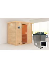 Sauna Karibu "Sunie" mit bronzierter T&uuml;r und Kranz, naturbelassen, mit Ofen 9 kW", beige (naturbelassen), Saunaofen, externe Steuerung, 400 kW, Saunen, Sauna, aus hochwertiger nordischer Fichte