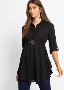 Longbluse bonprix "Longbluse", Damen, Gr. 42, schwarz, Obermaterial: 100% Polyester, unifarben, ausgestellt Po-bedeckend, Krempel&auml;rmel, Blusen Longbluse, ausgestellte Passform, mit Hemdblusenkragen, unifarben
