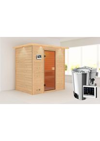 Sauna Karibu "Sunie" mit bronzierter T&uuml;r und Kranz, naturbelassen", braun (naturbelassen), Bio-Kombiofen, externe Steuerung, 230 kW, Saunen, Sauna, aus hochwertiger nordischer Fichte