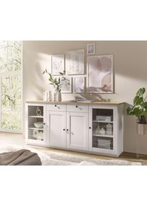 Sideboard OTTO HOME "Brest, Schrank im Landhausstil, Kommode, zeitloses Stauraumelement", wei&szlig; (wei&szlig; matt, eiche ge&ouml;lt dekor), B:204cm H:93cm T:43cm, Holzwerkstoff, Sideboards, Sideboard, schwarze Metallgriffe, ausreichend Stauraum, Glast&uuml;ren, 204 cm breit