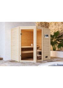 Sauna Karibu "Josie" mit bronzierter T&uuml;r, naturbelassen", beige (naturbelassen), Saunaofen, externe Steuerung, 400 kW, Saunen, Sauna, aus hochwertiger nordischer Fichte