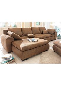Ecksofa Home Affaire "Cara Mia L-Form, B: 325 cm, XXL-Sofa mit 4 Zierkissen", braun (karamellbraun), B:325cm H:87cm T:183cm, Luxus-Microfaser Vintageoptik (100% Polyester);Microfaser Antiklederoptik (100% Polyester), Sofas, Ecksofa, optional Schlaffunktion & Bettkasten, Liegefl. 145x270 cm