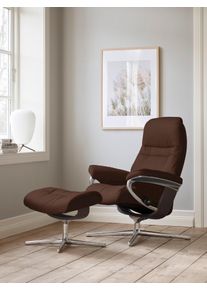 Relaxsessel stressless "Sunrise", braun (malt braun batick), B:79cm H:103cm T:73cm, Leder BATICK: BATICK ist ein leicht korrigiertes, durchgef&auml;rbtes und genarbtes M&ouml;belleder, bei dem die meisten Unebenheiten und Spuren in der Regel entfernt wurden., Sessel, Relaxsessel, mit Hocker, mit Cross Base, Gr&ouml;&szlig;e S, M & L, Holzakzent Wenge