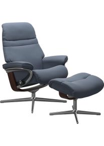Relaxsessel stressless "Sunrise", blau (sparrow blau paloma), B:79cm H:103cm T:73cm, Leder PALOMA: PALOMA ist ein durchgef&auml;rbtes Semianilin-M&ouml;belleder mit nat&uuml;rlicher Narbung., Sessel, Relaxsessel, mit Hocker, mit Cross Base, Gr&ouml;&szlig;e S, M & L, Holzakzent Braun