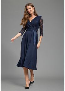 Abendkleid Laura Scott, Damen, Gr. 34, N-Gr, navy, Spitze, Obermaterial: 95% Polyester, 5% Elasthan. Spitze: 92% Polyamid, 8% Elasthan, unifarben, figurbetont wadenlang, V-Ausschnitt, Spitze, Kleider Abendkleid, aus Jersey und Spitze, mit V-Ausschnitt in Wickeloptik, Topseller
