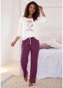 Pyjama PEANUTS, Damen, Gr. 52/54, lila (weinrot bedruckt), Single Jersey, Obermaterial: 100% Baumwolle. Unterteil: 100% Baumwolle, bedruckt, unifarben, Basic lang, Rundhals, abgesteppte Kante, Homewear-Sets Pyjama, mit Snoopy-Druck, Topseller