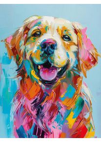 Leinwandbild B&Ouml;NNINGHOFF "Wandbild HUND GOLDEN RETRIEVER 46x61 cm &ndash; Leinwandbild Keilrahmen Deko", blau (farbe bild(er): blau, pink, gelb), B:46cm H:61cm T:1,8cm, Canvas, MDF, Bilder, Leinwandbild, auf Keilrahmen gespannt