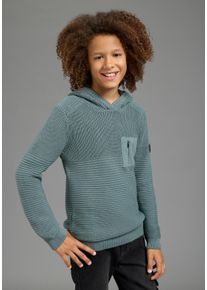 Strickpullover Bruno Banani "Kapuzen-Strickpullover mit Bruno Banani Badge", Jungen, Gr. 164/170, gr&uuml;n (hellpetrol), Grobstrick, Obermaterial: 100% Baumwolle, unifarben, Basic h&uuml;ftlang, Rippb&uuml;ndchen, Pullover Strickpullover, Pullover in Ripp-Strickstruktur, mit Kapuze und Tasche auf der Brust