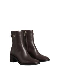 Stiefelette Calvin Klein "BLOCK HEEL ANK BOOT LTH HDW", Damen, Gr. 39, braun (braun, schwarz), Leder, unifarben, Schuhe Stiefelette, Ankle Boots mit CK-Schnalle, eckige Schuhspitze und Rei&szlig;verschluss