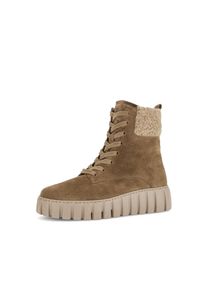 Schn&uuml;rboots Gabor, Damen, Gr. 44, hellbraun, Textil, Veloursleder, Fellimitat, Schuhe Schn&uuml;rboots, Plateau, Herbstboots mit gepolstertem Schaftrand, G-Weite
