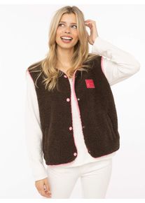 Pl&uuml;schweste Zwillingsherz "Patch", Damen, Gr. S, braun, Obermaterial: 100% Polyester, Westen Pl&uuml;schweste, &auml;rmellos, pink eingefasste Kanten, Druckkn&ouml;pfe, Patch