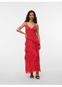 V&eacute;ro Moda Tr&auml;gerkleid VERO MODA "VMSMILLA S/L V-NECK LONG FRILL DRESS WVN", Damen, Gr. S, N-Gr, rot (poinsettia), Web, Obermaterial: 100% Polyester, unifarben, lang, V-Ausschnitt, Kleider Tr&auml;gerkleid, Kunstfaser