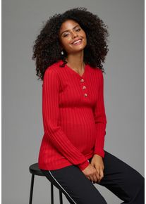 Umstandspullover Neun Monate "Feinstrick-Umstandspullover mit Kn&ouml;pfen - Stillpullover", Damen, Gr. 36/38, rot, Feinstrick, Obermaterial: 50% Baumwolle, 50% Polyacryl, unifarben, tiefer V-Ausschnitt, Pullover Umstandspullover, Langarm, aus Feinstrick, mit tiefem V-Ausschnitt
