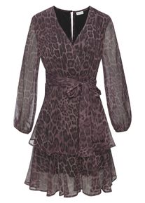 Druckkleid Lascana, Damen, Gr. 40, N-Gr, braun (animal print), Chiffon, Obermaterial: 100% Polyester. Futter: 100% Polyester, bedruckt, figurumspielend kniefrei, V-Ausschnitt, mit Gummizug, Kleider Druckkleid, mit fixiertem Bindeband, elegantes Sommerkleid mit Leomuster