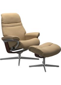 Relaxsessel stressless "Sunrise", beige (sand paloma), B:79cm H:103cm T:73cm, Leder PALOMA: PALOMA ist ein durchgef&auml;rbtes Semianilin-M&ouml;belleder mit nat&uuml;rlicher Narbung., Sessel, Relaxsessel, mit Hocker, mit Cross Base, Gr&ouml;&szlig;e S, M & L, Holzakzent Braun