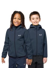 Softshelljacke Jack Wolfskin "FOURWINDS JACKET KIDS", Jungen, Gr. 92, blau (midnight sky), Softshell, Obermaterial: 100% Polyester, hoch geschlossener Ausschnitt, eingefasste Kante, Jacken Softshelljacke, f&uuml;r Kinder, mit Kapuze, wasserabweisend