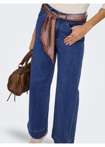 High-waist-Jeans Only "ONLMADISON HW WIDE SCARF DNM GUA", Damen, Gr. S (36), L&auml;nge 32, blau (medium blau denim detail:scarf), Denim/Jeans, Obermaterial: 64% Baumwolle, 31% Polyester, 3% Viskose, 2% Elasthan, unifarben, lang, Jeans High-waist-Jeans, Materialmix, high waist, wide fit, mit modischem Tuch als G&uuml;rtel