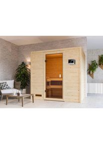 Sauna Karibu "Sunie" mit bronzierter T&uuml;r SET, naturbelassen, mit Ofen 9 kW", beige (naturbelassen), Saunaofen, externe Steuerung, 400 kW, Saunen, Sauna, aus hochwertiger nordischer Fichte