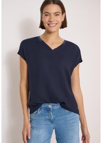 Kurzarmbluse Cecil, Damen, Gr. M (40), blau (urban dunkelblau), Web, Obermaterial: 100% Viskose, unifarben, l&auml;ssig geschnitten h&uuml;ftbedeckend, V-Ausschnitt, abgesteppte Kante, Blusen Kurzarmbluse, Kurzarm Sommernshirt mit Strukturmix