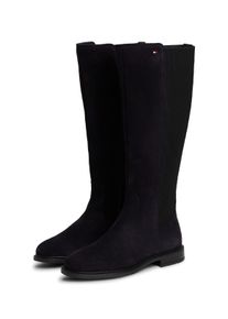 Stiefel Tommy Hilfiger "ENAMEL FLAG SUEDE HIGH CHELSEA", Damen, Gr. 37, Normalschaft, schwarz (dunkelblau), Elastischer Einsatz, Veloursleder, unifarben, Schuhe Stiefel, Blockabsatz, Langschaftstiefel mit Label-Flag