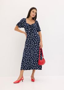 Midikleid bonprix, Damen, Gr. 32/34 (XS), N-Gr, blau (dunkelblau, wei&szlig; gepunktet), Obermaterial: 95% Viskose, 5% Elasthan, ausgestellt, Kleider Midikleid, mit Smock am R&uuml;cken, ausgestellte Passform, Kurzarm
