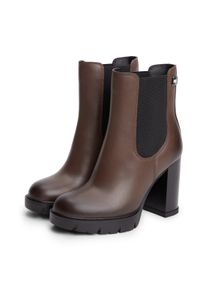 Chelseaboots Tommy Jeans "TJW CHELSEA HIGH HEEL BOOTS", Damen, Gr. 37, braun (dunkelbraun), Leder, Basic, Schuhe Chelseaboots, Ankle Boots, Plateaustiefeletten mit Stretcheinsatz und Logoflagge
